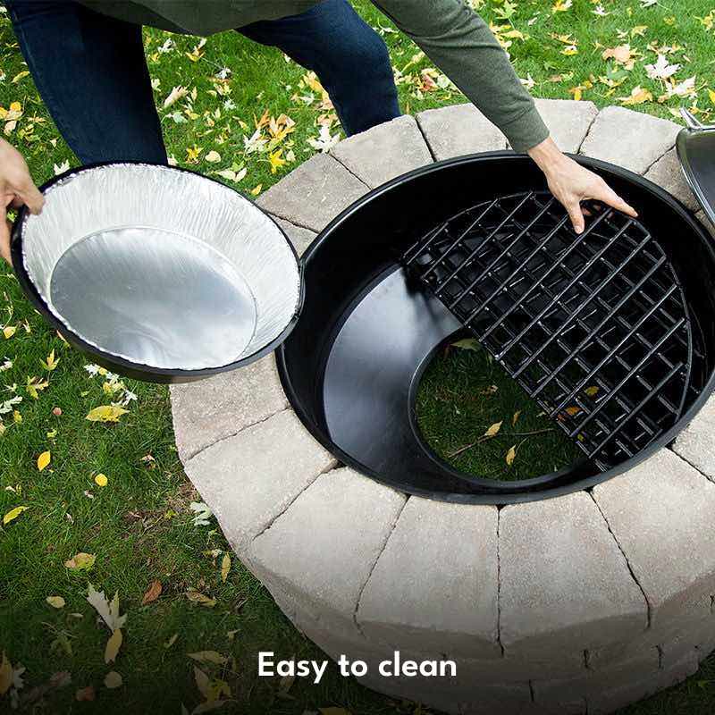 Easy to clean. Fold the foldable grate upward to remove the ash basin and ash liner to dispose of ash after a fire for easy clean up