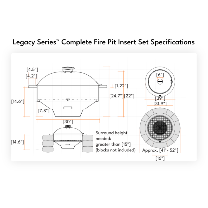 Size and measurement specifications for Walden Legacy Series Fire Pit Insert Set