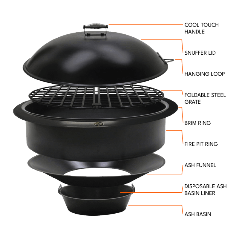 The different pieces of the Legacy Series Complete Fire Pit Insert Set. The snuffer lid has a cool-touch handle for easy maneuvering and a hanging loop for easy storage when not covering your fire pit. The Brim Ring holds up the fire ring, ash funnel, and ash basin. A thich, foldable steel grate sits in the bottom of the fire ring elevating the firewood and enhancing air flow.