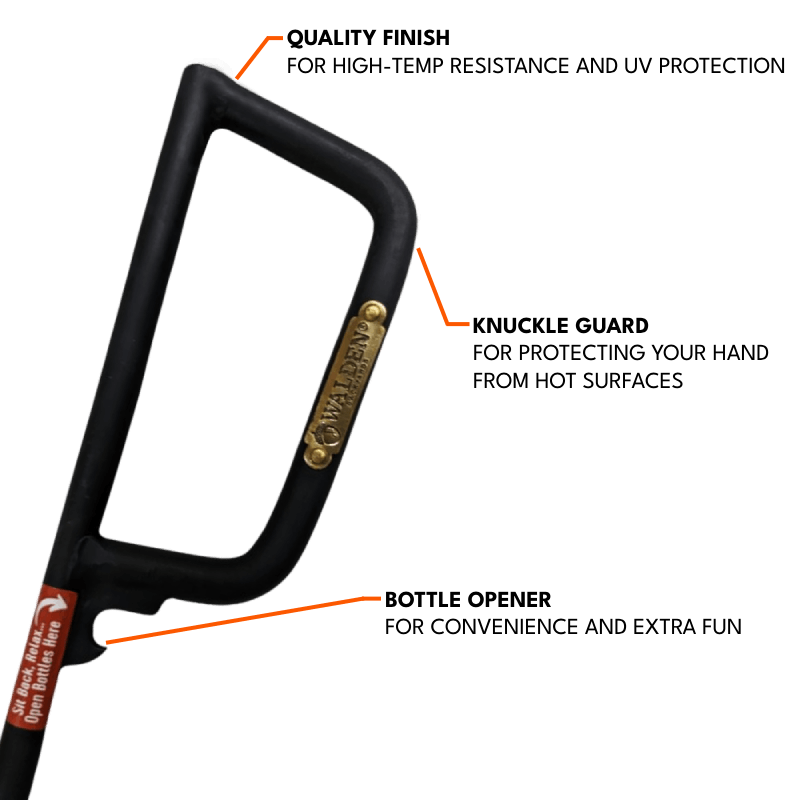 Handle design features of Walden fire poker including quality finish, knuckle guard and bottle opener
