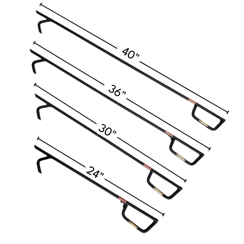 Four sizes of Walden Steel fire poker including 24 inch length, 30 inch length, 36 inch length and 40 inch length