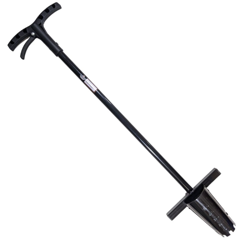 Long handled planting tool with moving spades at bottom and comfortable grip and lever at top
