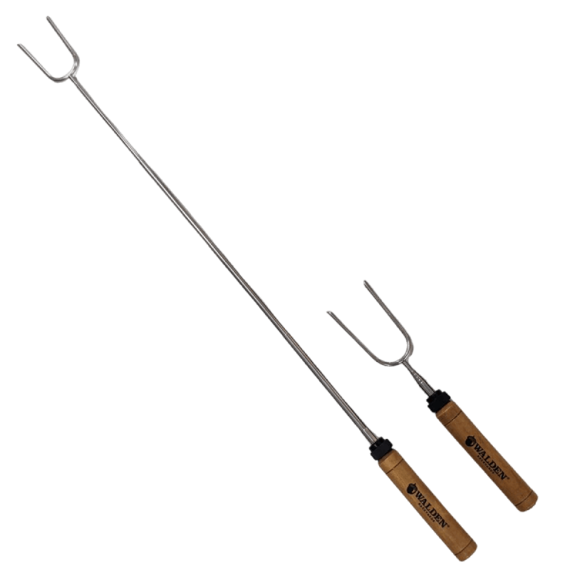 Roasting sticks with extendable stainless-steel rods and wooden handle.