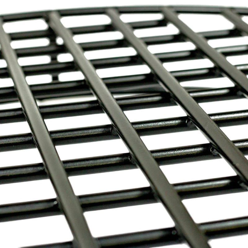 Thick powder-coated steel rods create one-inch open squares to provide airflow from under firewood