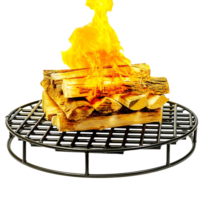 Steel Fire Pit Grate with Stacked firewood burning over it.