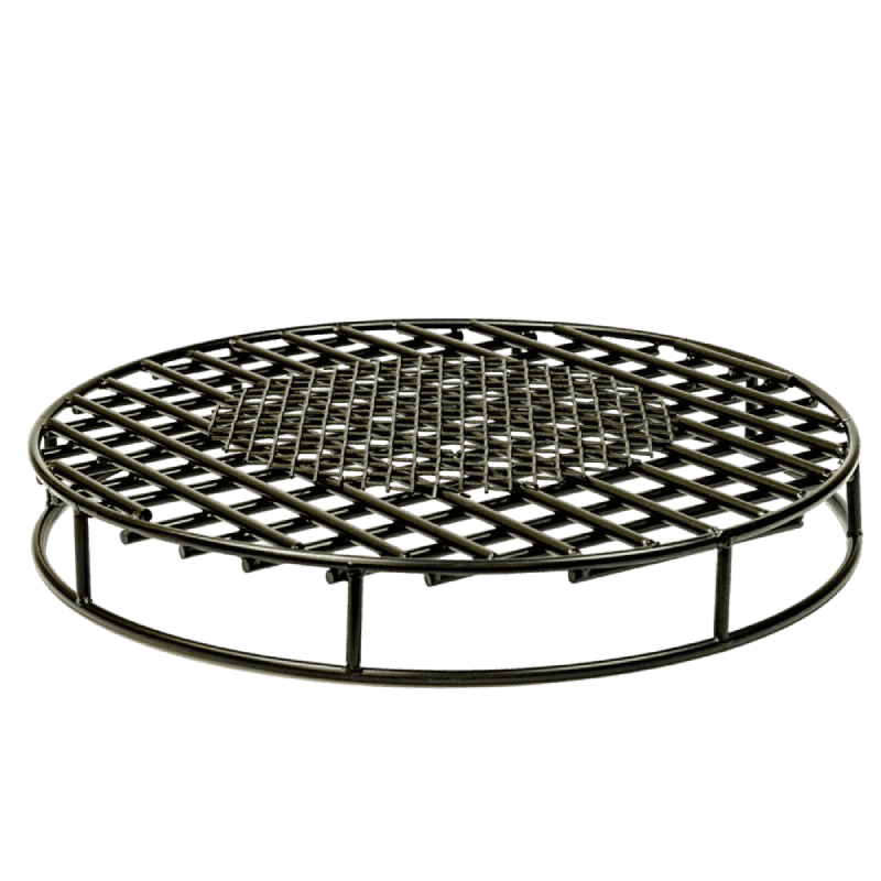 Round steel fire pit grate with gridded half inch thick rods and stell mesh ember catcher on top for better burning fires and optimal airflow.