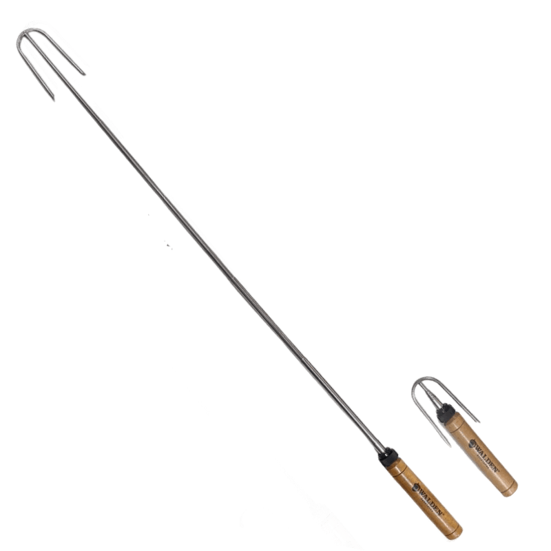 Safety roasting sticks with forks facing backwards have stainless steel extendable rod and a natural wooden handle.