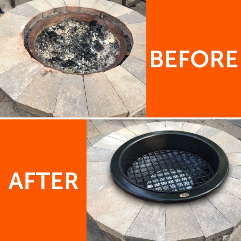 Before is a messy ash filled fire pit. After is a clean and sleek steel fire pit to enhance burn and look elegant