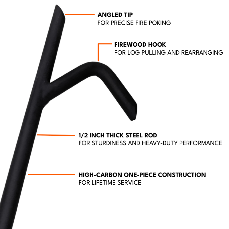 Tip of fire poker features including angled tip, firewood hook, thick steel rod and high carbon one piece construction