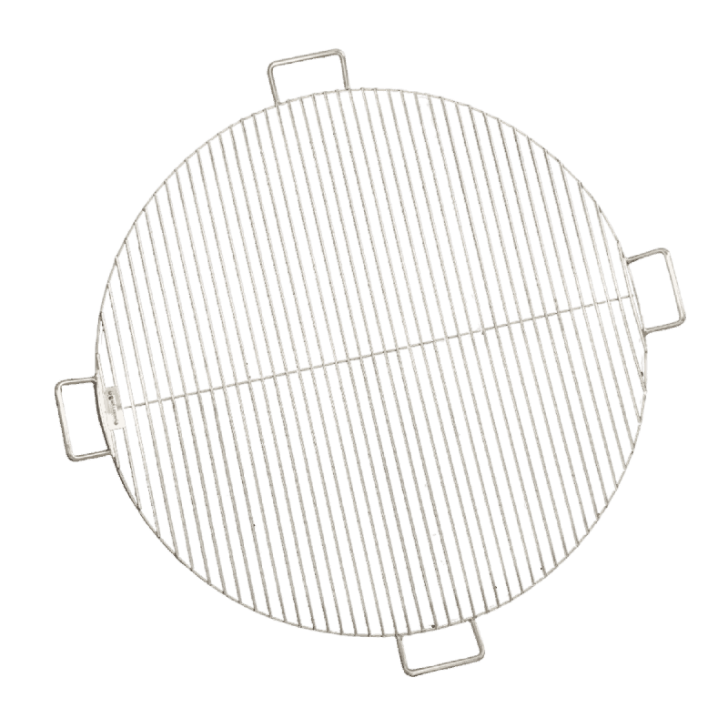 Round Stainless-steel Grilling Grate made with stainless steel rods, four handles, and a sturdy concave stainless steel brim.