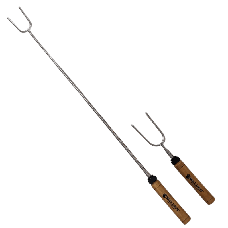 Roasting sticks with extendable stainless-steel rods and wooden handle.