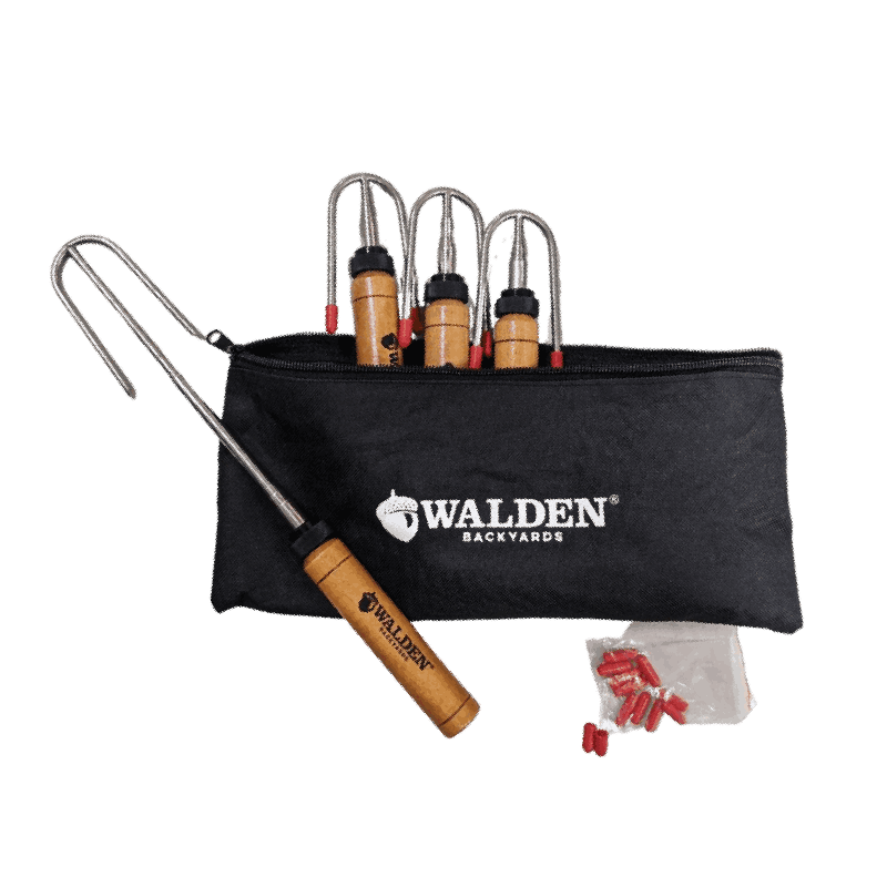 Roastin stick pack include 6 roasting sticks, weather-resistant canvas pack, and additional safety tips to cover the pointed tines.