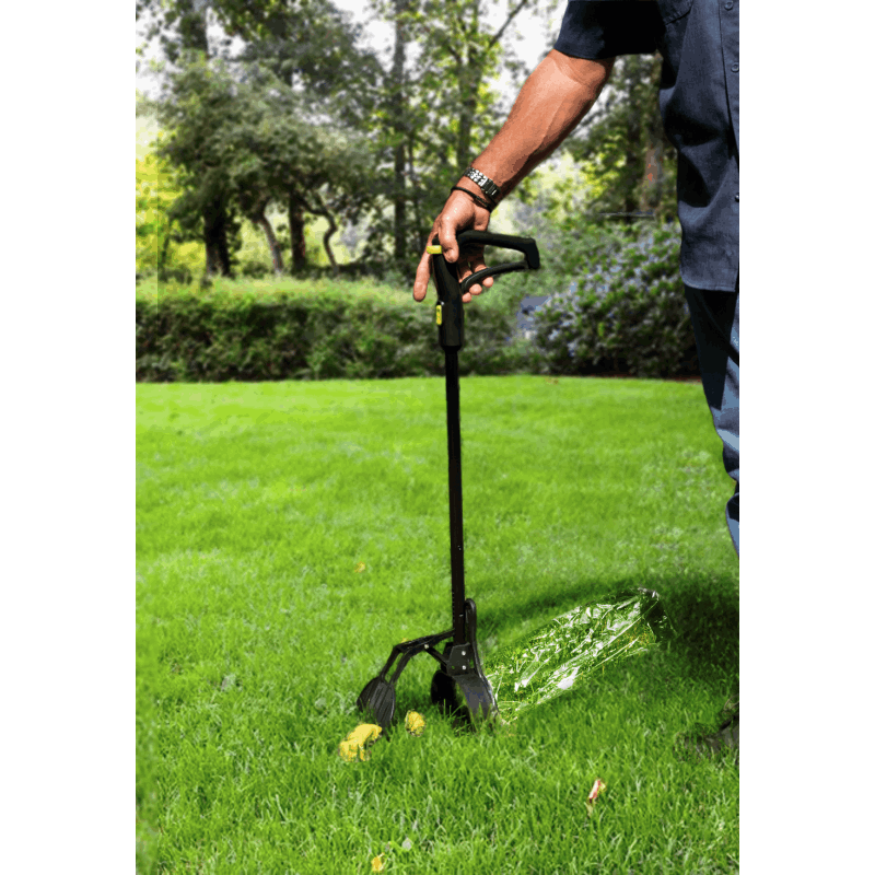 pull lever to activate sweeping claw and flick it into bag