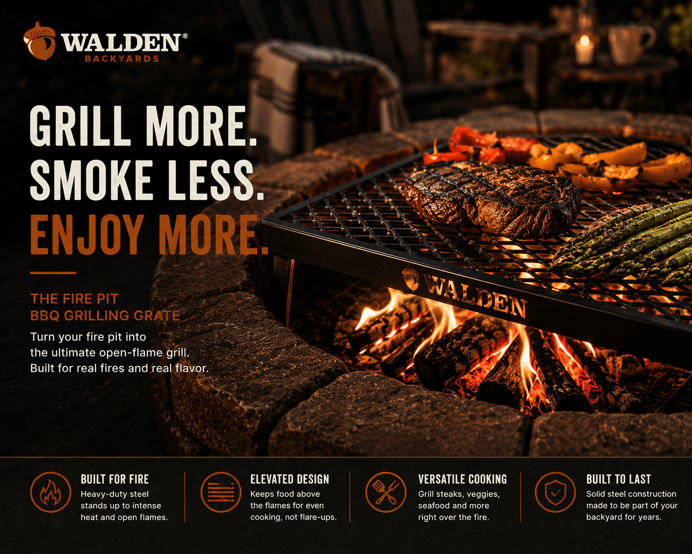 Steak and vegetables grilling on a steel grate over fire pit coals