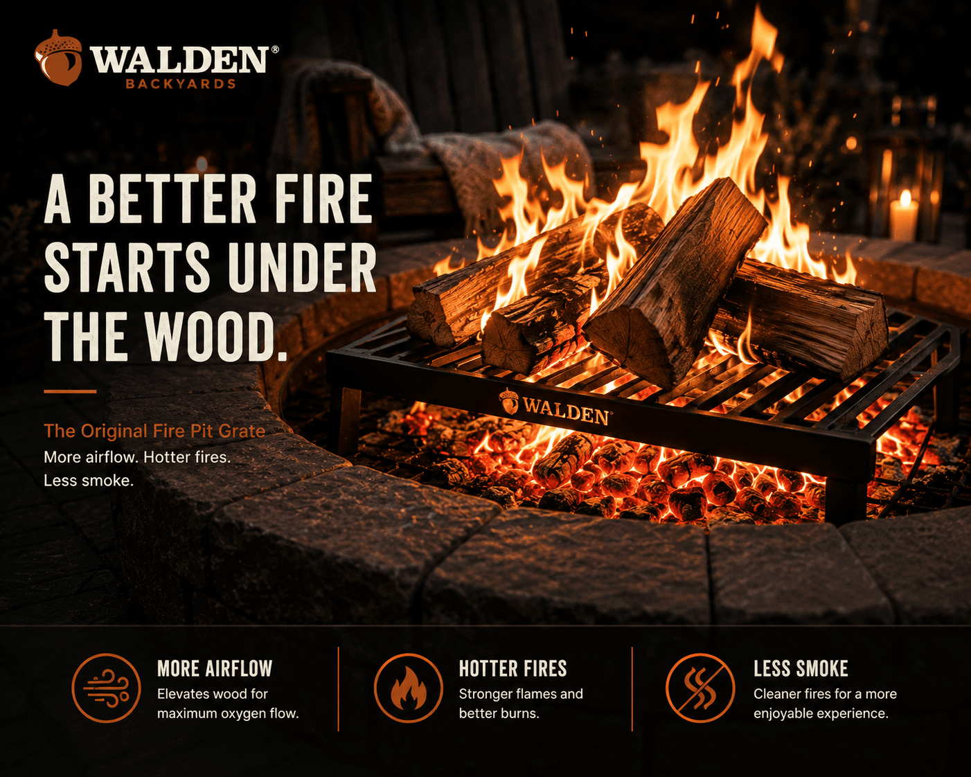 Logs burning cleanly on a raised steel grate inside a stone fire pit