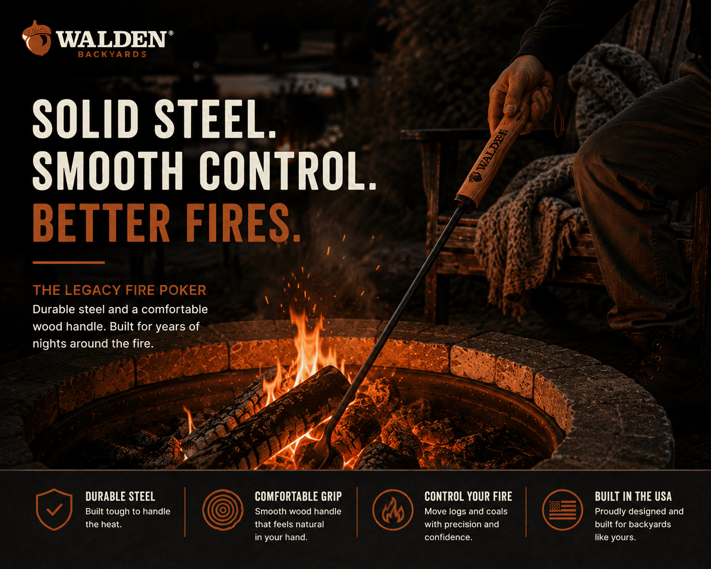 A solid steel fire poker with hardwood handle stirring coals in a fire pit