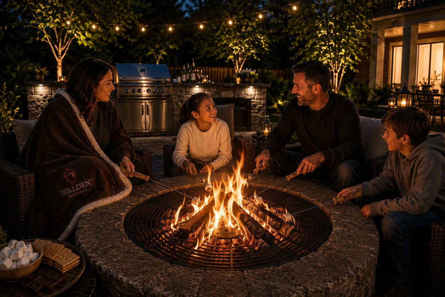 A family of four around a lit stone fire pit after dark, roasting marshmallows on Walden sticks over a Walden grate, one of them wrapped in a Walden blanket, string lights and a grill behind them