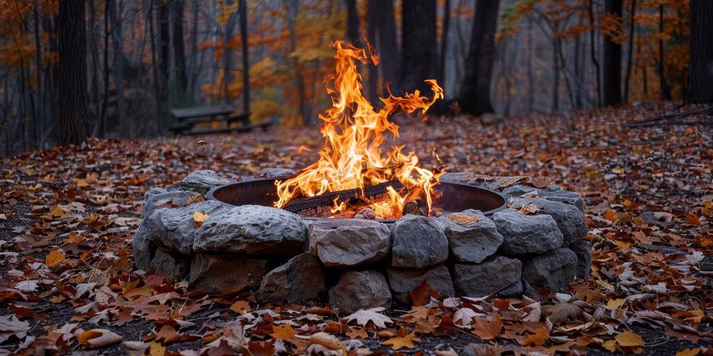 Natural Stone Fire Pit with blazing fire in backyard