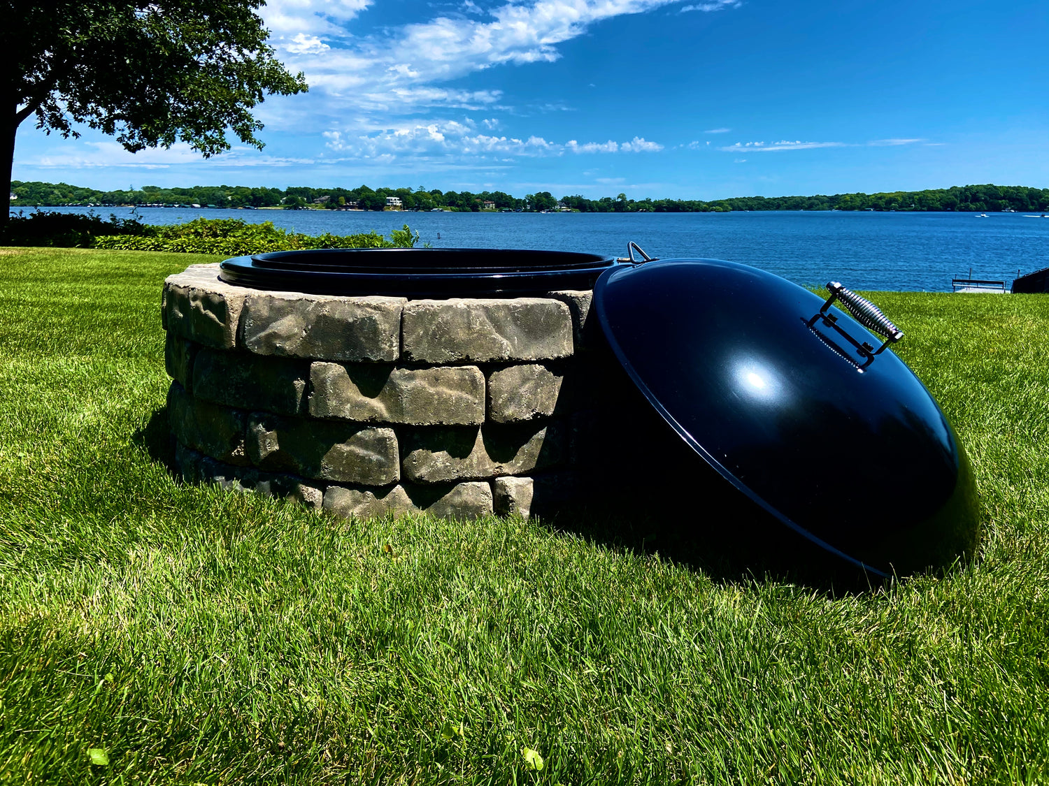 Complete fire pit set overlooking the lake