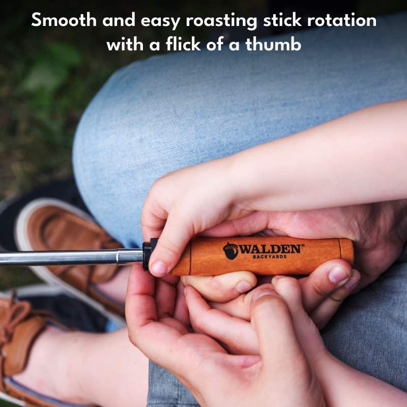 Smooth and easy roasting stick rotation with a flick of a thumb from the wooden handle.