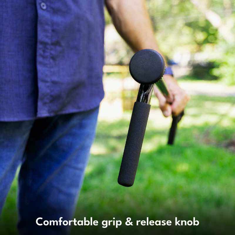 comfortable grip on handle and weed-releasing knob at top of tool