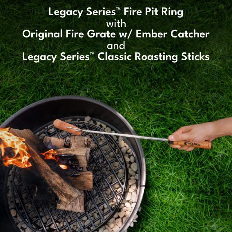 Roasting Stick with hotdog over fire on original fire pit grate in Legacy Fire Pit Ring