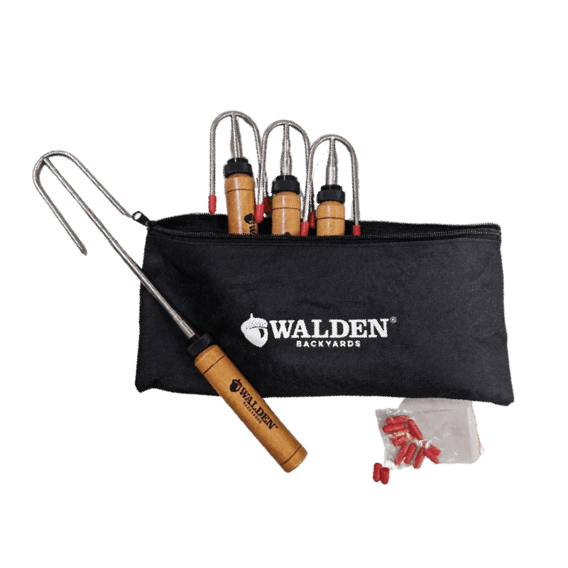 Roastin stick pack include 6 roasting sticks, weather-resistant canvas pack, and additional safety tips to cover the pointed tines.