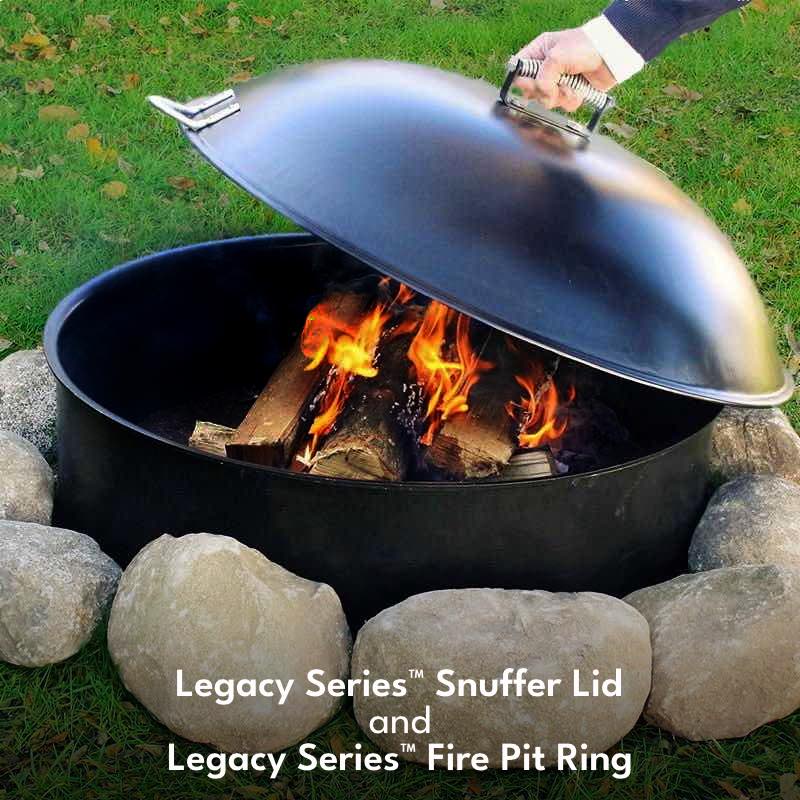 The Legacy Snuffer Lid pairs with the 30 Inch Fire Pit Ring to easily put out the fire
