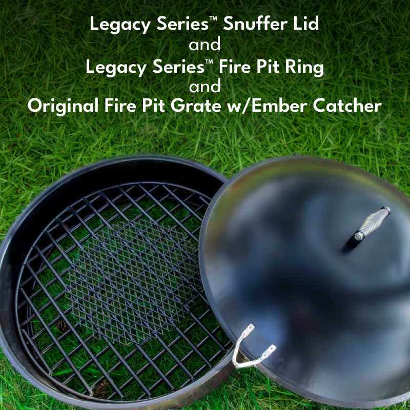 The Legacy Fire Ring and Snuffer Lid paired with the original fire pit grate with ember catcher to build your fire pit