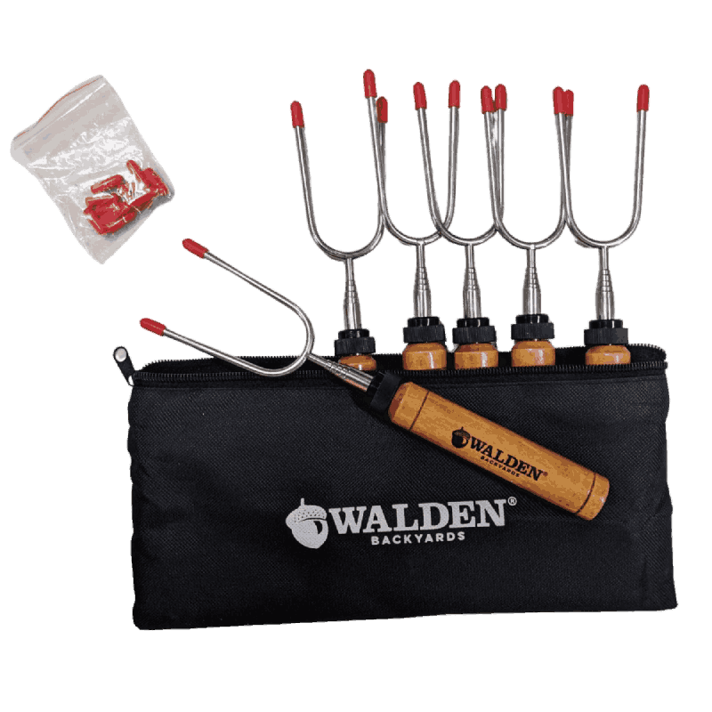 Includes a weather-resistant canvas pack, 6 roasting sticks, and additional caps for the pointed tines.