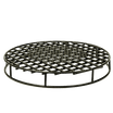 Round steel fire pit grate with gridded half inch thick rods and stell mesh ember catcher on top for better burning fires and optimal airflow.