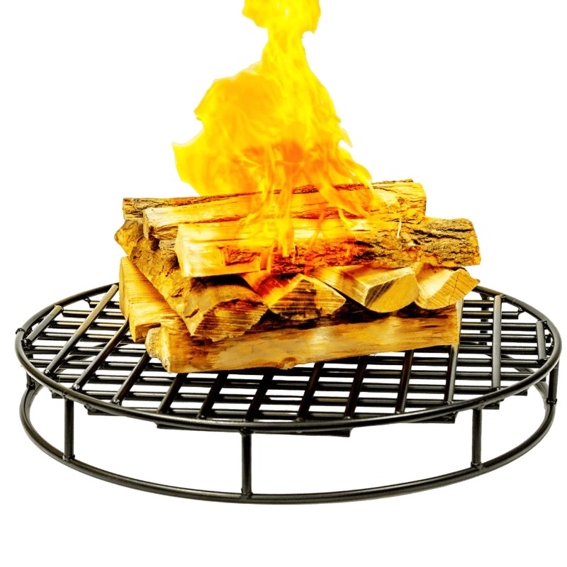 Steel Fire Pit Grate with Stacked firewood burning over it.