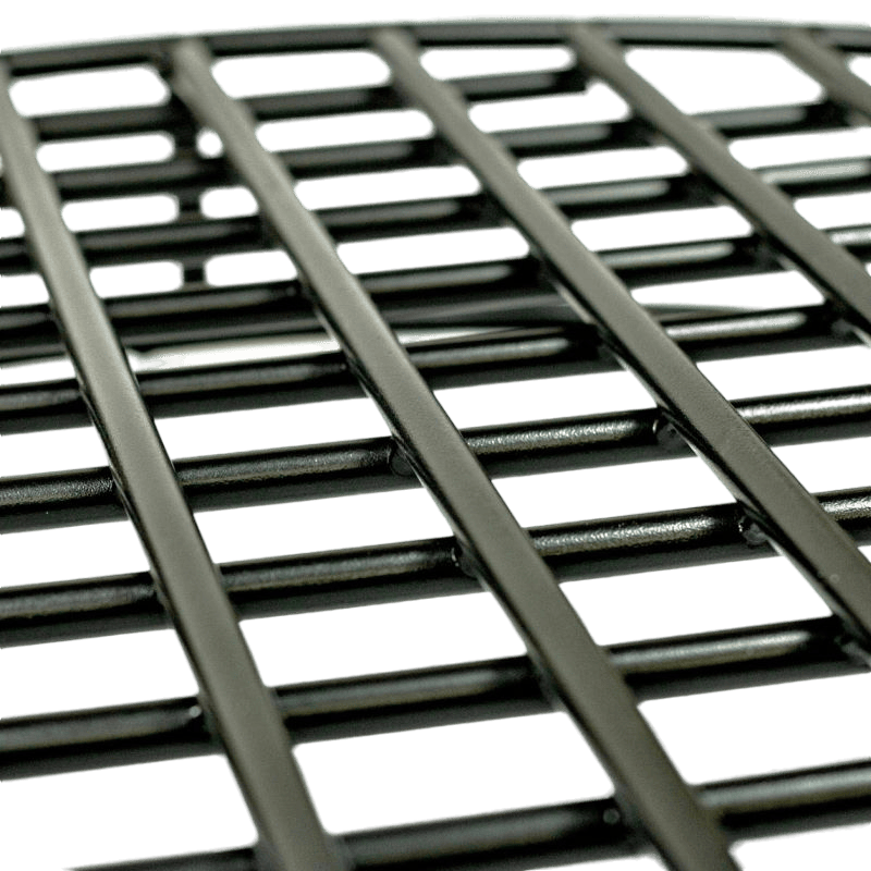 Thick powder-coated steel rods create one-inch open squares to provide airflow from under firewood