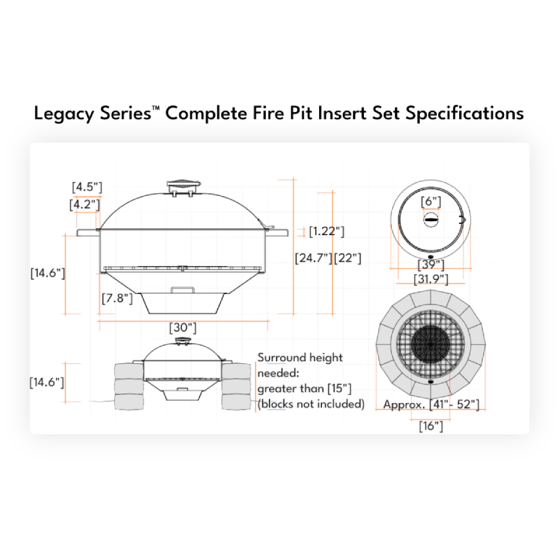 Size and measurement specifications for Walden Legacy Series Fire Pit Insert Set
