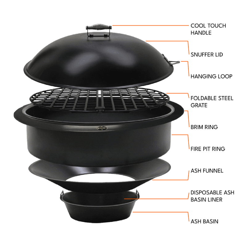The different pieces of the Legacy Series Complete Fire Pit Insert Set. The snuffer lid has a cool-touch handle for easy maneuvering and a hanging loop for easy storage when not covering your fire pit. The Brim Ring holds up the fire ring, ash funnel, and ash basin. A thich, foldable steel grate sits in the bottom of the fire ring elevating the firewood and enhancing air flow.