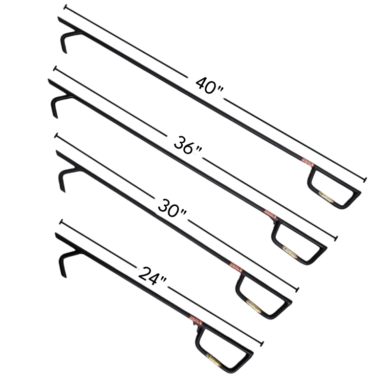 Four sizes of Walden Steel fire poker including 24 inch length, 30 inch length, 36 inch length and 40 inch length