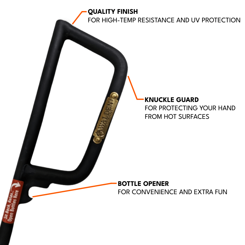 Handle design features of Walden fire poker including quality finish, knuckle guard and bottle opener
