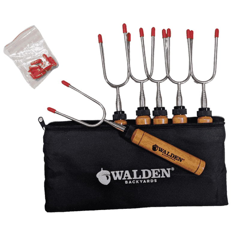 Includes a weather-resistant canvas pack, 6 roasting sticks, and additional caps for the pointed tines.