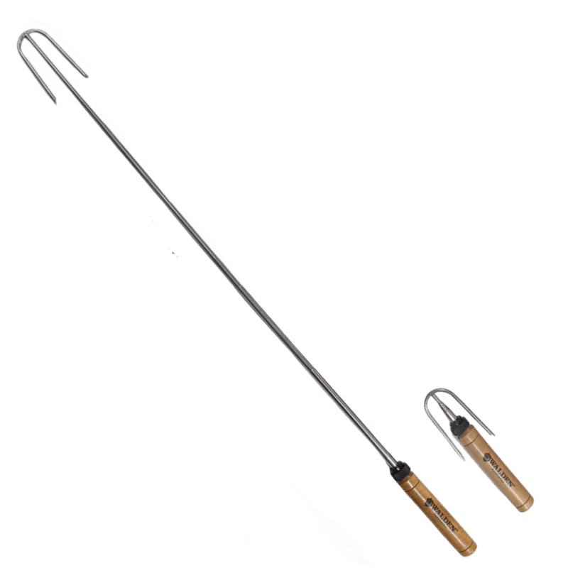 Safety roasting sticks with forks facing backwards have stainless steel extendable rod and a natural wooden handle.