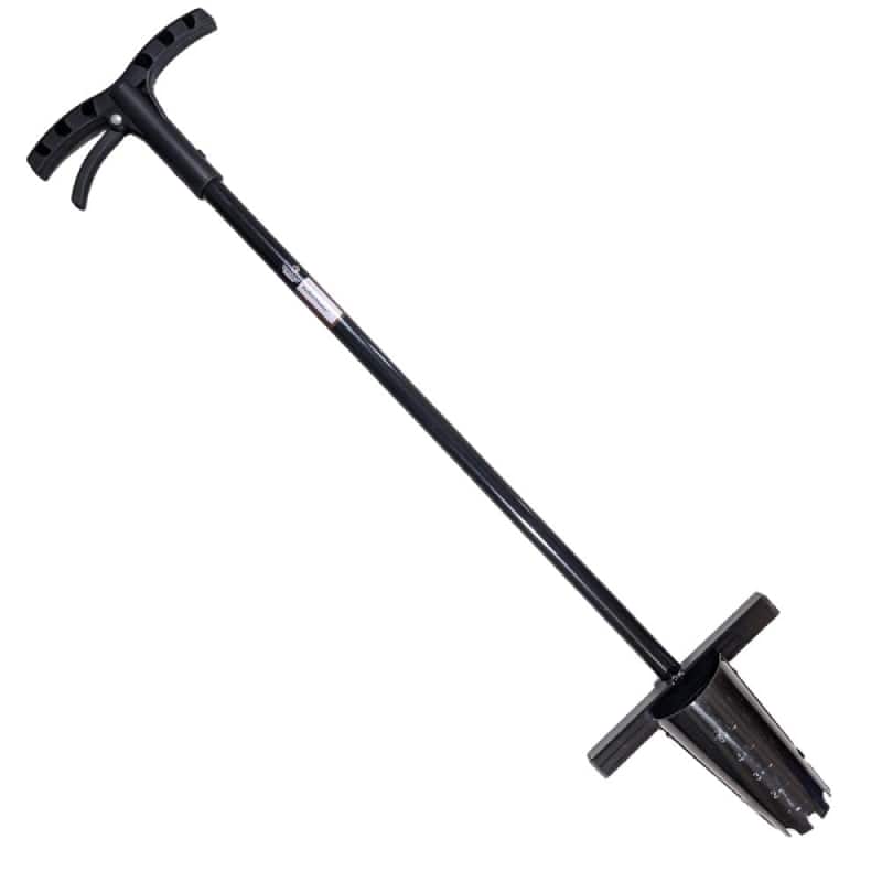 Long handled planting tool with moving spades at bottom and comfortable grip and lever at top