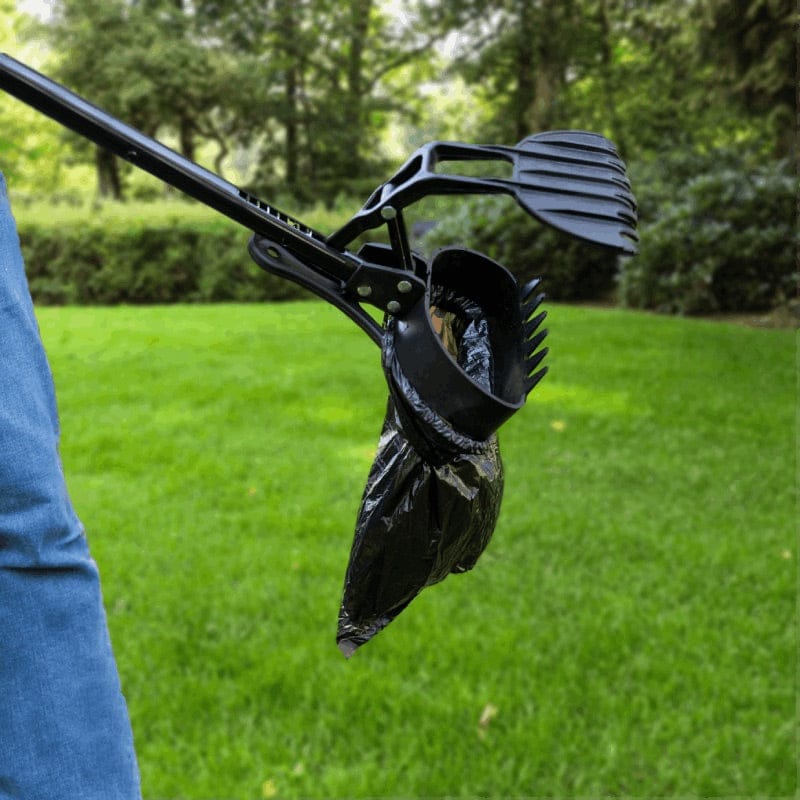 unlocked sweeping claw with teeth to flick waste into bag at bottom of simple scooper tool