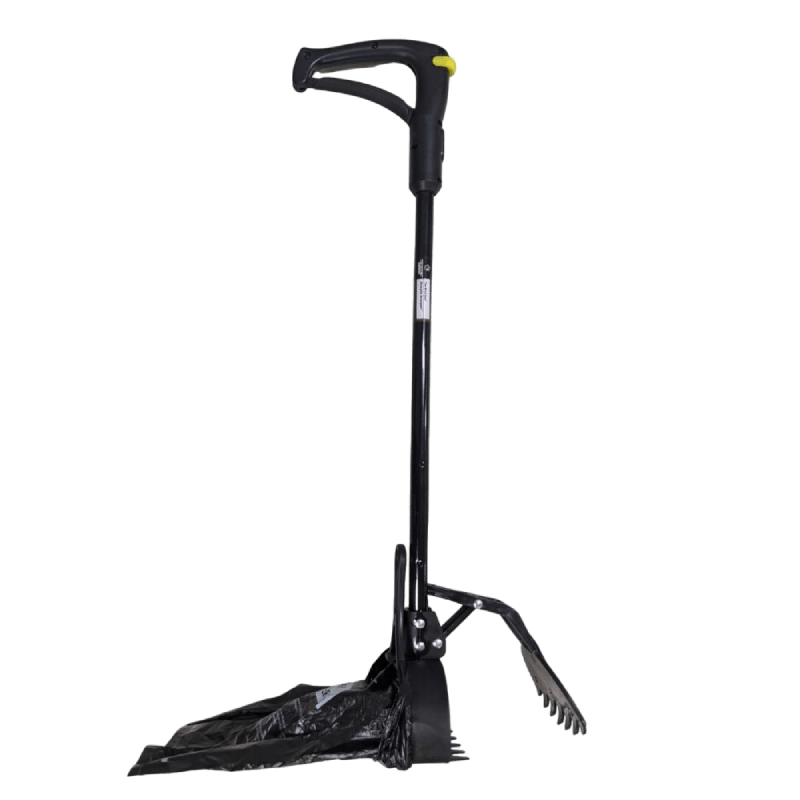 long steel tool with sweeping claw and attached bag for easy clean up